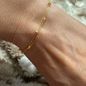 18K Yellow Gold Double-Strand Bead Bracelet – Adjustable 7.48”  Heart Charm